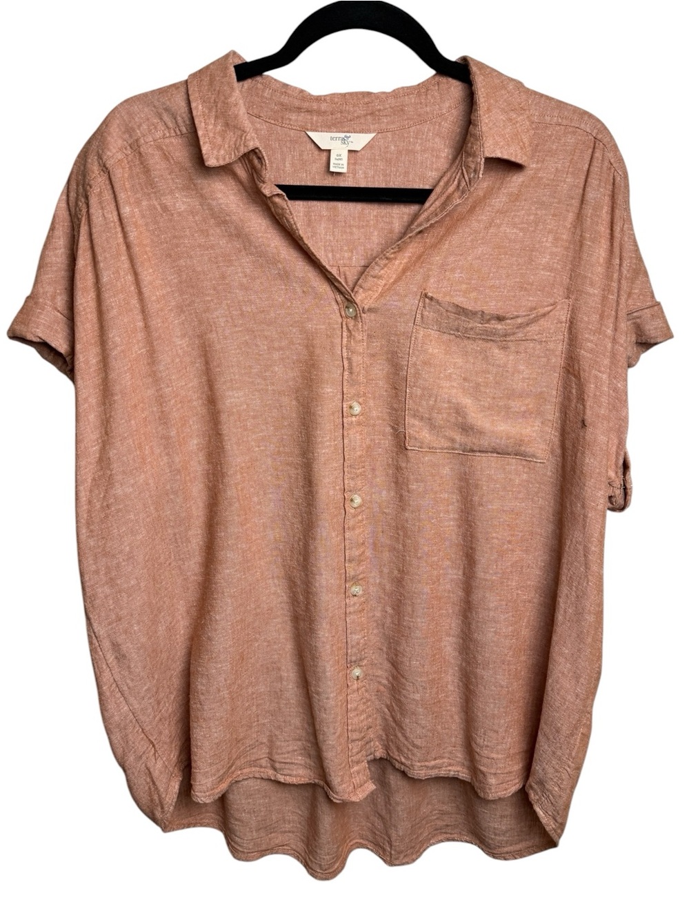 Linen Button Down Shirt Women’s SZ XL Terra & Sky Dolman Cap Sleeve Lightweight